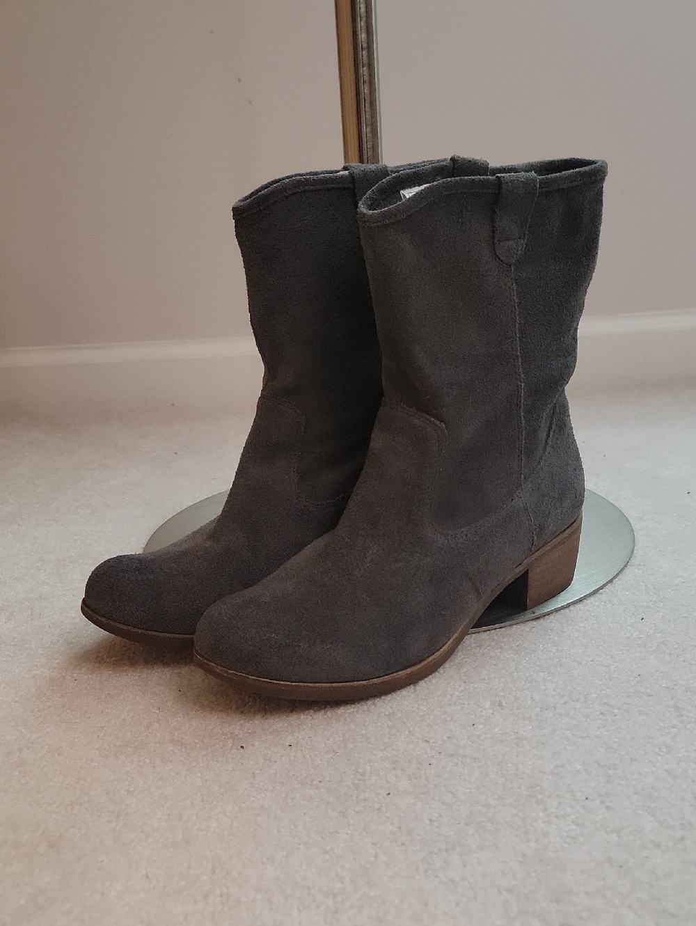 UGG -  Gray Suede Mid-Calf Ankle Boots with Low Block Heel